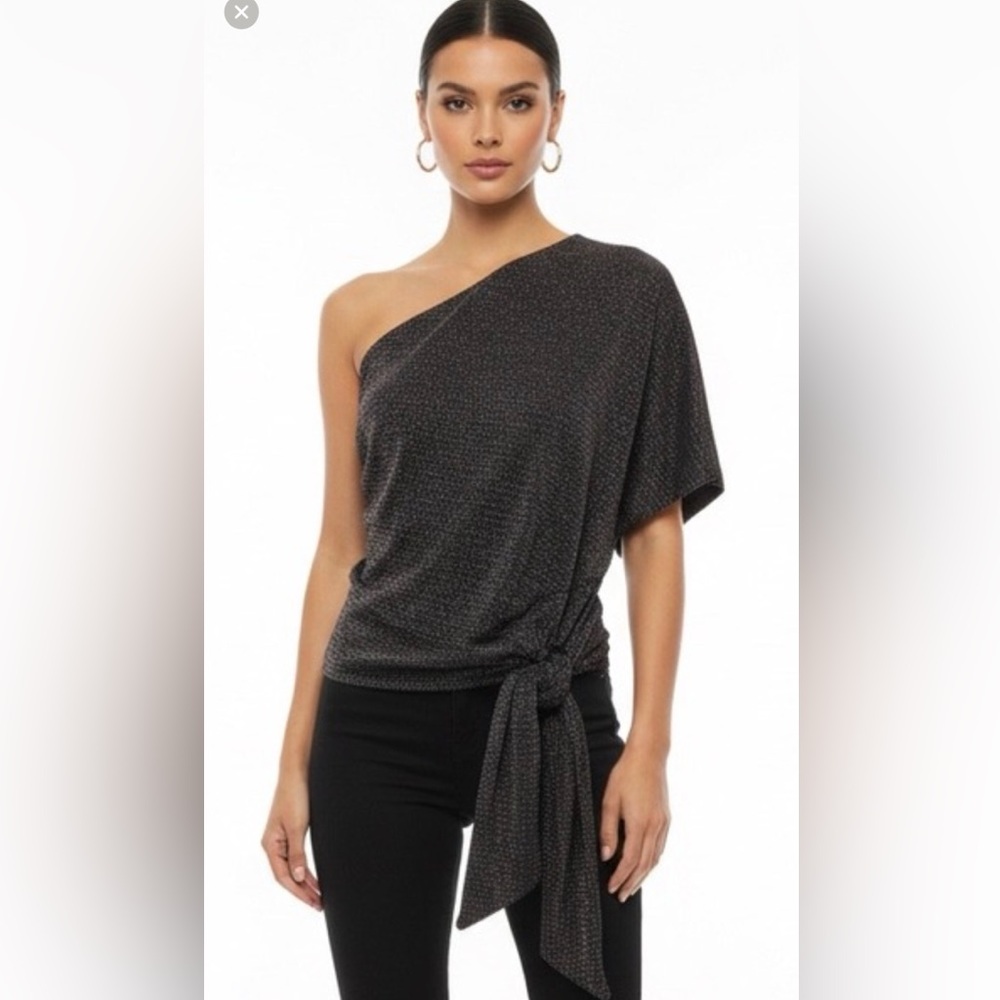 NEW Entro Womens Metallic Shimmer One Shoulder Top Black multi size S